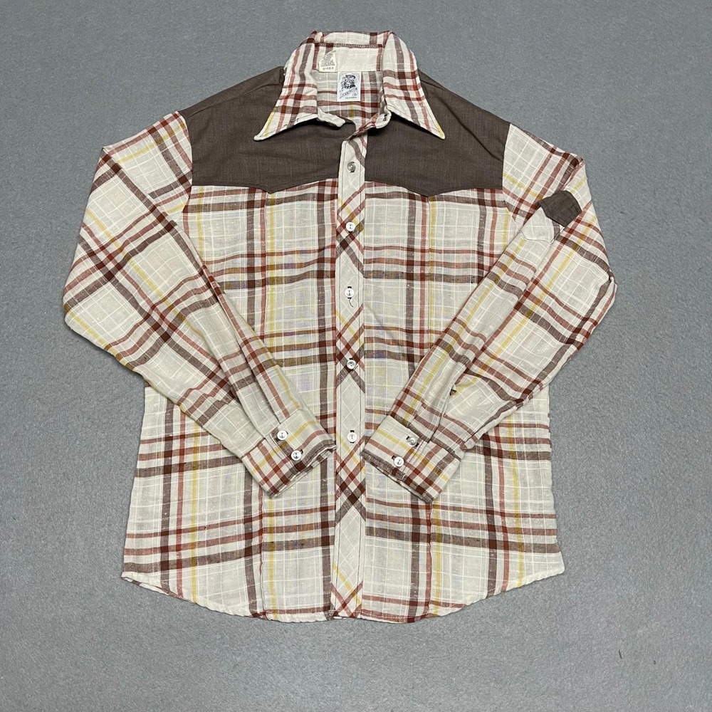 Vintage Kennington Button Shirt Mens Large Brown Plaid 70s Western Disco Hippie